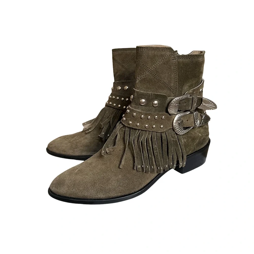 Toral Suede Olive Green Fringe Tassel Women's Ankle Boots EU 37 / US 6 - 6.5 - Picture 1 of 6